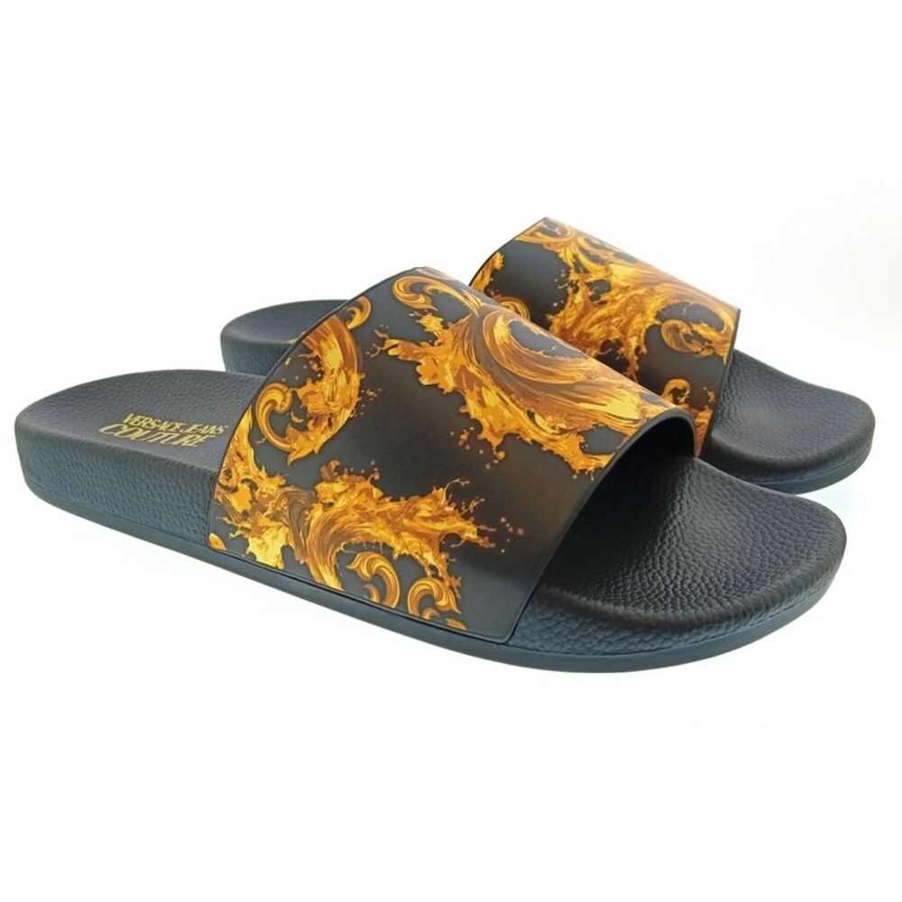 Versace Jeans Couture Mens Black / Gold Baroque Print Slides